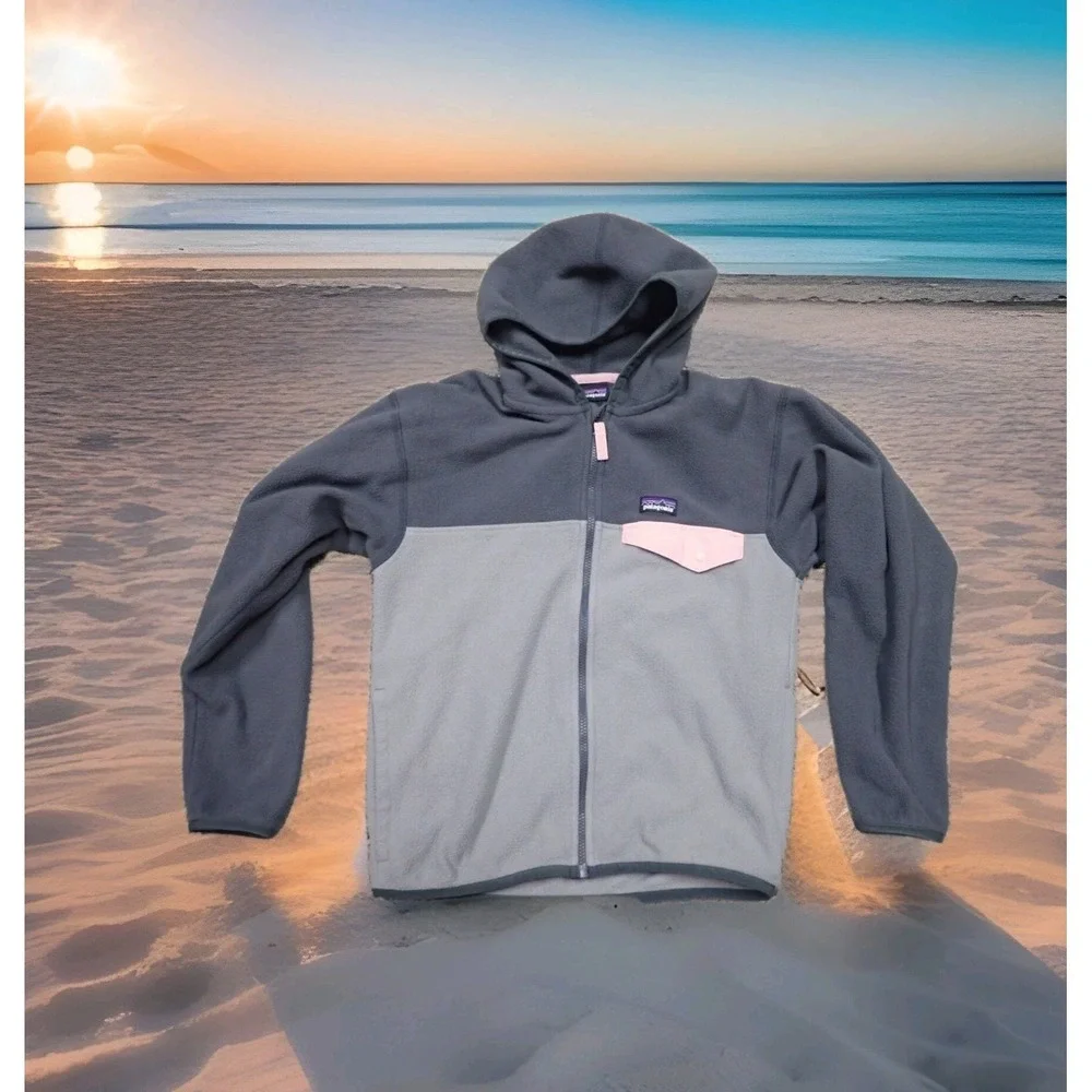 Patagonia Fleece Hoodie Girls Size 10 Gray Pink Excellent Synchilla Full Zip